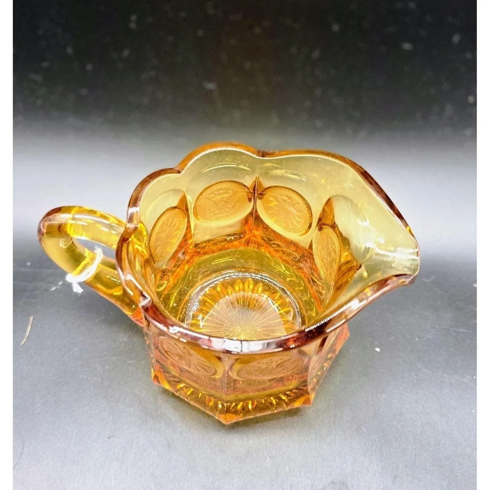 Vintage Fostoria Amber Coin Dot Pattern Eagle & Torch Glass Creamer